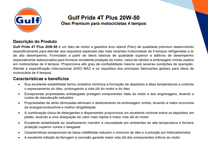 Óleo Gulf Pride 4T Plus Motocicleta 20W50 Mineral SL