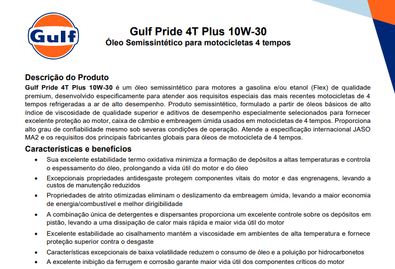 Óleo Gulf Pride 4t PLUS Motocicleta 10W30 Semissintético