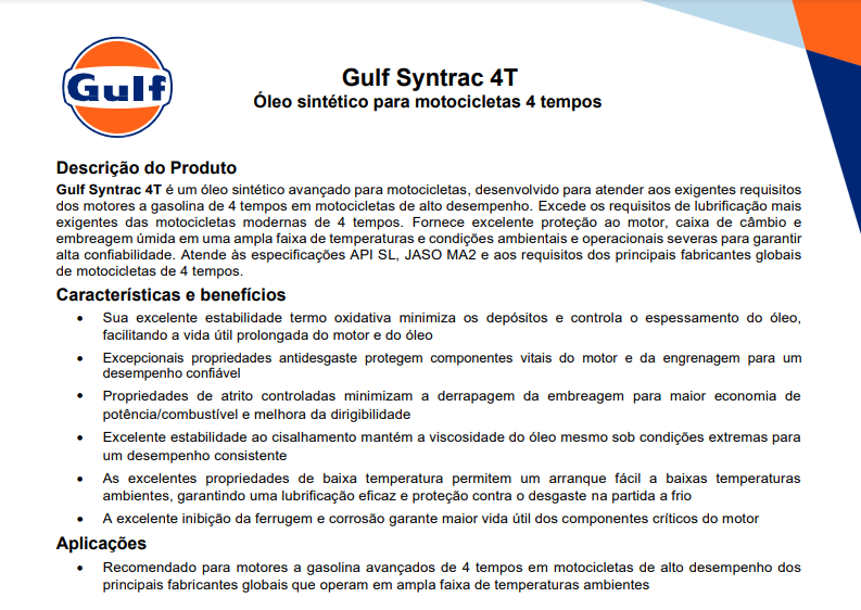 Óleo Gulf Syntrac 4T Motocicleta 10W40 SL 100% Sintético