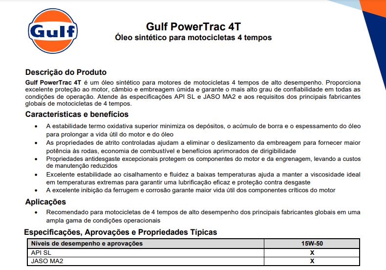 Óleo Gulf Powertrac 4T Motocicleta 15W50 SL 100% Sintético